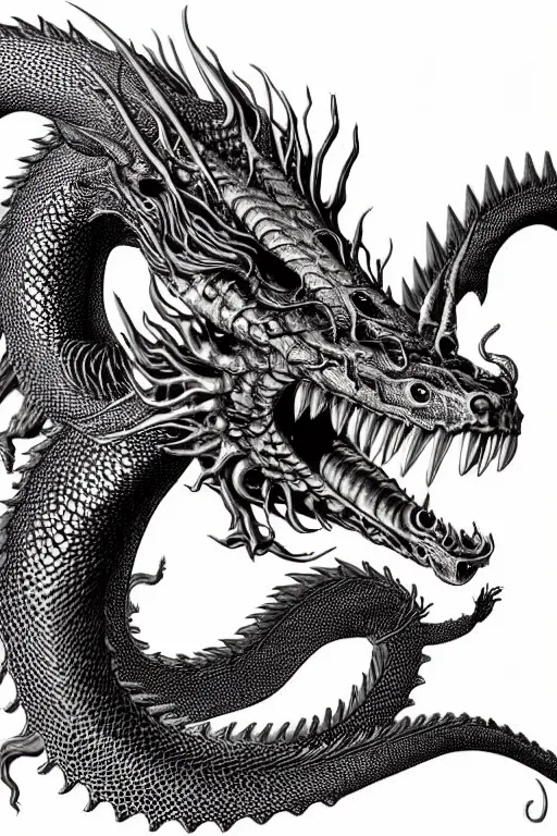 Prompt: hyper realistic dragon with steam punk tanks and tubes and breathing apparatus on its back, white background, full frame, art by james o barr and albrecht durer, surreal woodblock print, black and white, vector, vector art