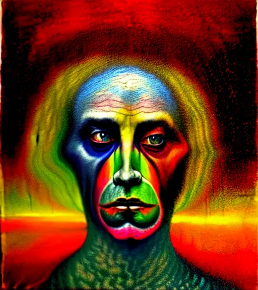 Image similar to Portrait painting in a style of Beksinski mixed with Alex Grey of an old shaman dressed in a colorful traditional clothes. psychodelic