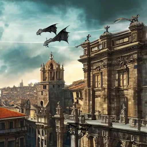 Image similar to the monumental city of caceres with dragons flying over it, dramatic lighting, cinematic, extremly high detail, photorealistic, cinematic lighting, post processed, concept art, artstation, matte painting, style by greg rutkowsky