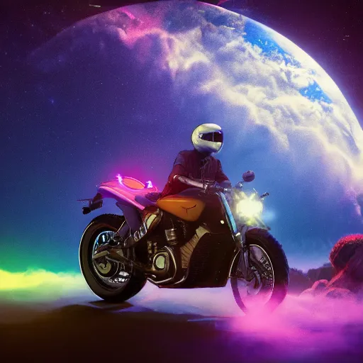 Image similar to a motorcycle floating in space inside magic colorful glowing sparkling fog, starry sky, tranquil, desolate, atmospheric, hazy, autochrome, 8k, photo, octane render, unreal engine 5