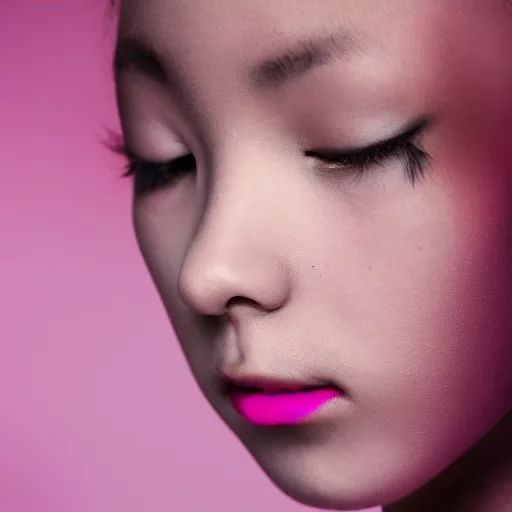 Image similar to photo of slim girl, 2 0 yo, close - up, high detail, studio, smoke, sharp, pink violet light, studio, 8 5 mm sigma art lens