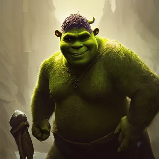 Image similar to portrait of Shrek, amazing splashscreen artwork, splash art, head slightly tilted, natural light, elegant, intricate, fantasy, atmospheric lighting, cinematic, matte painting, by Greg rutkowski