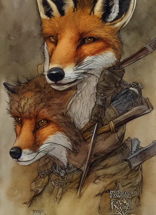 Image similar to portrait of a fox - faced ranger, dnd, gwelf, highly detailed, perfect lighting, watercolor and ink illustration, muted colors. perfect composition, 4 k, by brian froud, larry macdougall, jean - baptiste monge,