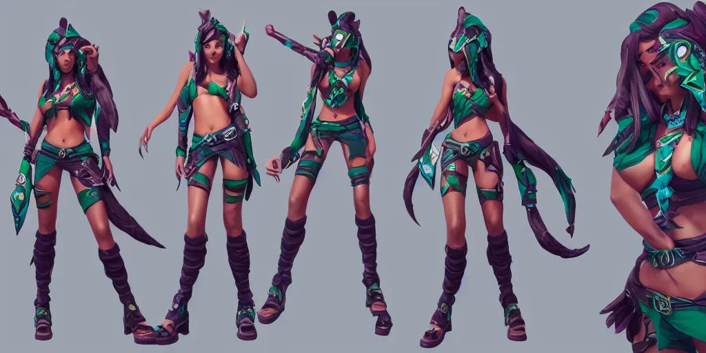 Image similar to beautiful character sheet of pool party Akali (wild rift). 3d render, octane render, realistic, highly detailed, trending on artstation