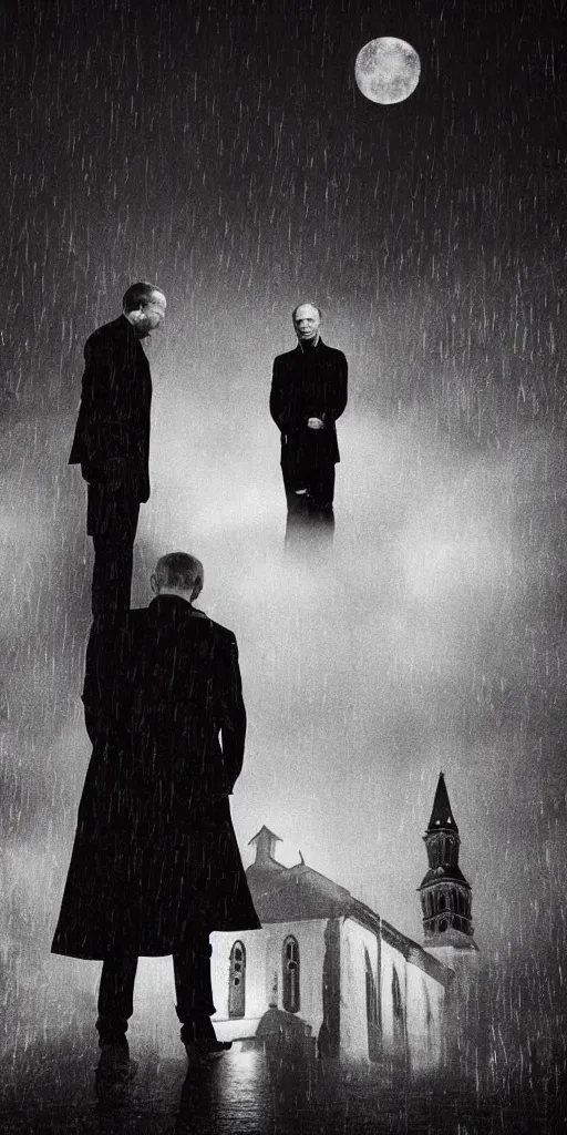 Prompt: alexei navalny with vladimir putin together, dark gloomy church, midnight, moon, film noir, horror, thunder sky, rain, sadness, depression, fog, darkness