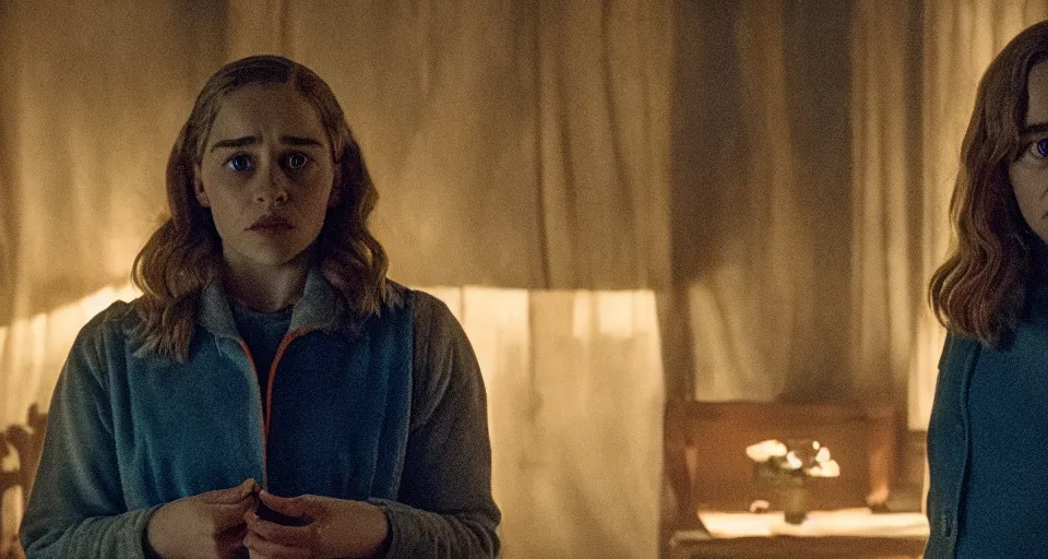 Image similar to Emilia Clarke in Hereditary (2018) high contrast lighting, night scene, blue and orange palette, film still