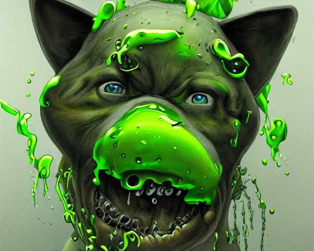 Prompt: Haunting horrifying hyperrealistic detailed painting of a fat dog canine creature made of slime, gelatinous green goop, heavy metal, disgusting, creepy, unsettling, and glowing yellow eyes, hyper detailed, trending on Artstation