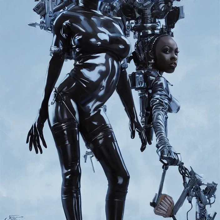 Image similar to african domme mistress, full body, black supremacy, rubber and latex, postapocalyptic, smooth white surroundings, future, high tech, concept art, realistic painting, digital art by greg rutkowski, by alex grey