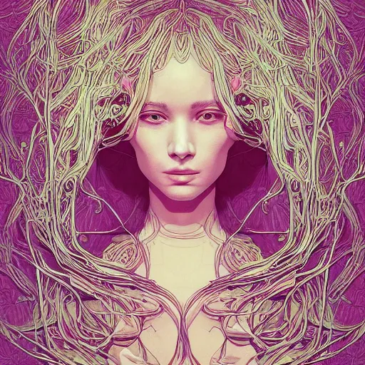 Image similar to the portrait of an incredibly beautiful woman made of potatoes roots and violets, an ultrafine detailed illustration by james jean, final fantasy, intricate linework, bright colors, behance contest winner, vanitas, angular, altermodern, unreal engine 5 highly rendered, global illumination, radiant light, detailed and intricate environment