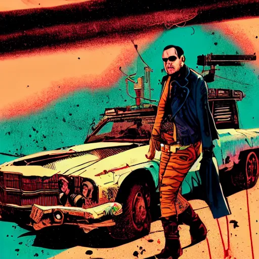 Image similar to a colorful comic noir illustration of billy zane in a mad max scene in a post - apocalyptic city decaying in the desert by queens of the stone age, by sachin teng, dark vibes, pastel lighting, cinematic, depth of field, 8 k, high contrast