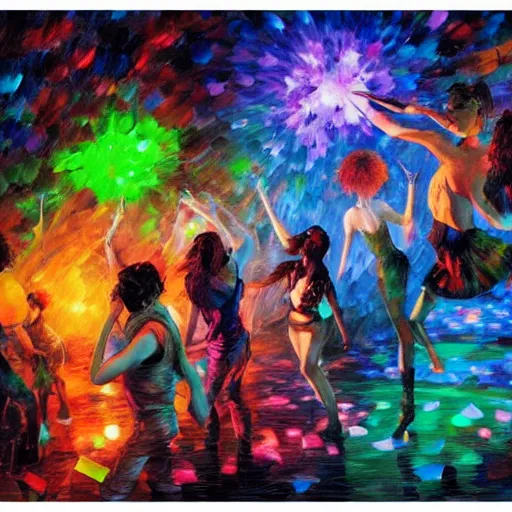 Prompt: rave dance party in the dark with glow sticks by arthur adams, charlie bowater, leonid afremov, chiho ashima, karol bak, david bates, tom chambers