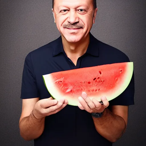 Image similar to recep tayyip erdogan smiling holding watermelon, studio photograph, hd, studio