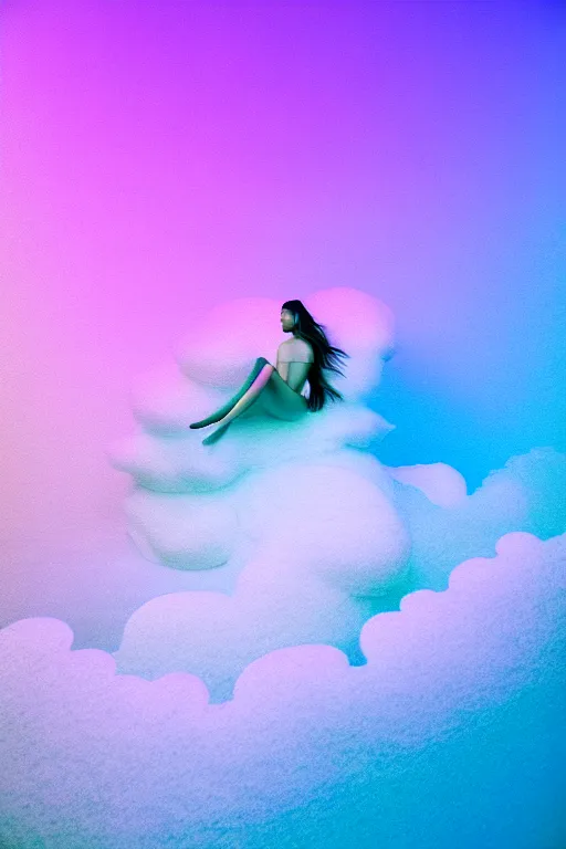 Image similar to high quality pastel coloured film close up wide angle photograph of a model wearing clothing swimming on cloud furniture in a icelandic black rock!! environment in a partially haze filled dreamstate world. three point light, rainbow. photographic production. art directed. pastel colours. volumetric clouds. pastel gradient overlay. waves glitch artefacts. extreme facial clarity. 8 k. filmic.