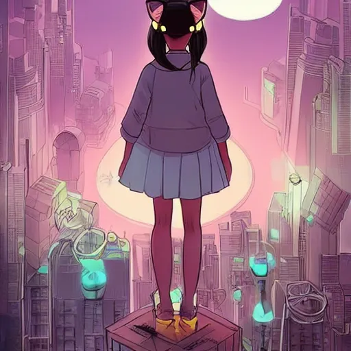Prompt: a 7 year old girl with cat ears, holding her hands together behind her back staring over a futuristic city from the top of a roof, wide shot, over the shoulder shot, highly coherent, saga comic, fiona staples
