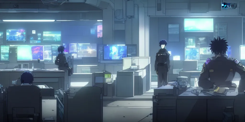 Image similar to an empty after hours cyberpunk police police office in the cyberpunk anime film, Shichiro Kobayashi, screenshot in the anime series ergo proxy ergo proxy and Detroit metal city, interior