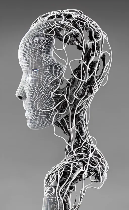 Image similar to black and white complex 3d render of 1 beautiful profile woman porcelain face, vegetal dragon cyborg, 150 mm, sinuous silver metallic ghost orchid flower stems, roots, leaves, fine lace, maze-like, mandelbot fractal, anatomical, facial muscles, cable wires, microchip, elegant, highly detailed, black metalic armour with silver details, rim light, octane render, H.R. Giger style, David Uzochukwu