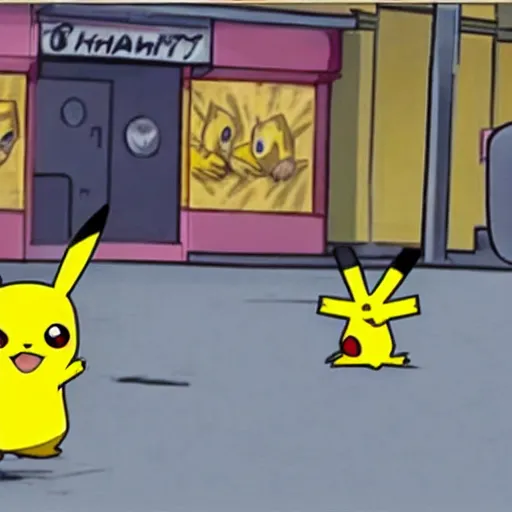 Image similar to CCTV footage of pikachu buying drugs from a random dude in a hoodie in an alley