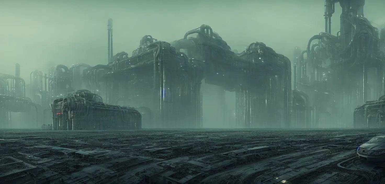 Prompt: polluted industrial alien landscape, smoke, soot, cinematic, detailed, epic, widescreen, opening, establishing, mattepainting, photorealistic, realistic textures, octane render, hr giger and vincent di fate, vivid color scheme, featured in artstation, octane render, cinematic, elegant, intricate, 8 k