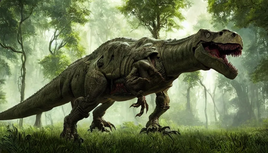 Image similar to A machinated dinosaur hybrid of a T-Rex standing tall within a lush green forest from the playstation 5 game Horizon:Zero Dawn world, the T-Rex is part machine part dinosaur, sci-fi concept art, highly detailed, oil on canvas by James Gurney