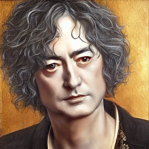 Image similar to amazing artgerm portrait of jimmy page in his 5 0 s as a preraphaelite painting, collaboration with j. scott campbell and artgerm with edward burn jones