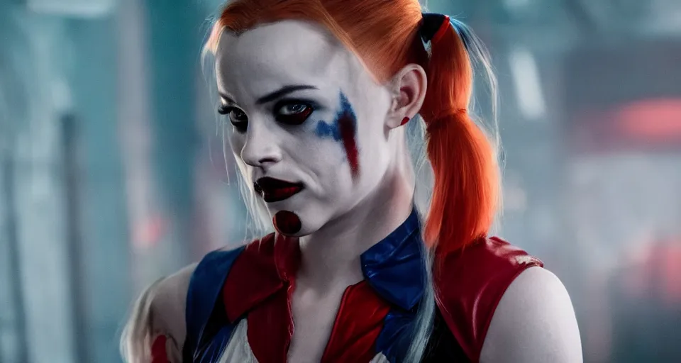 Prompt: real-life Harley Quinn, cinematic, Wide-shot, atmospheric lighting, directed by Quentin Tarantino, extreme detail, 8K, movie still