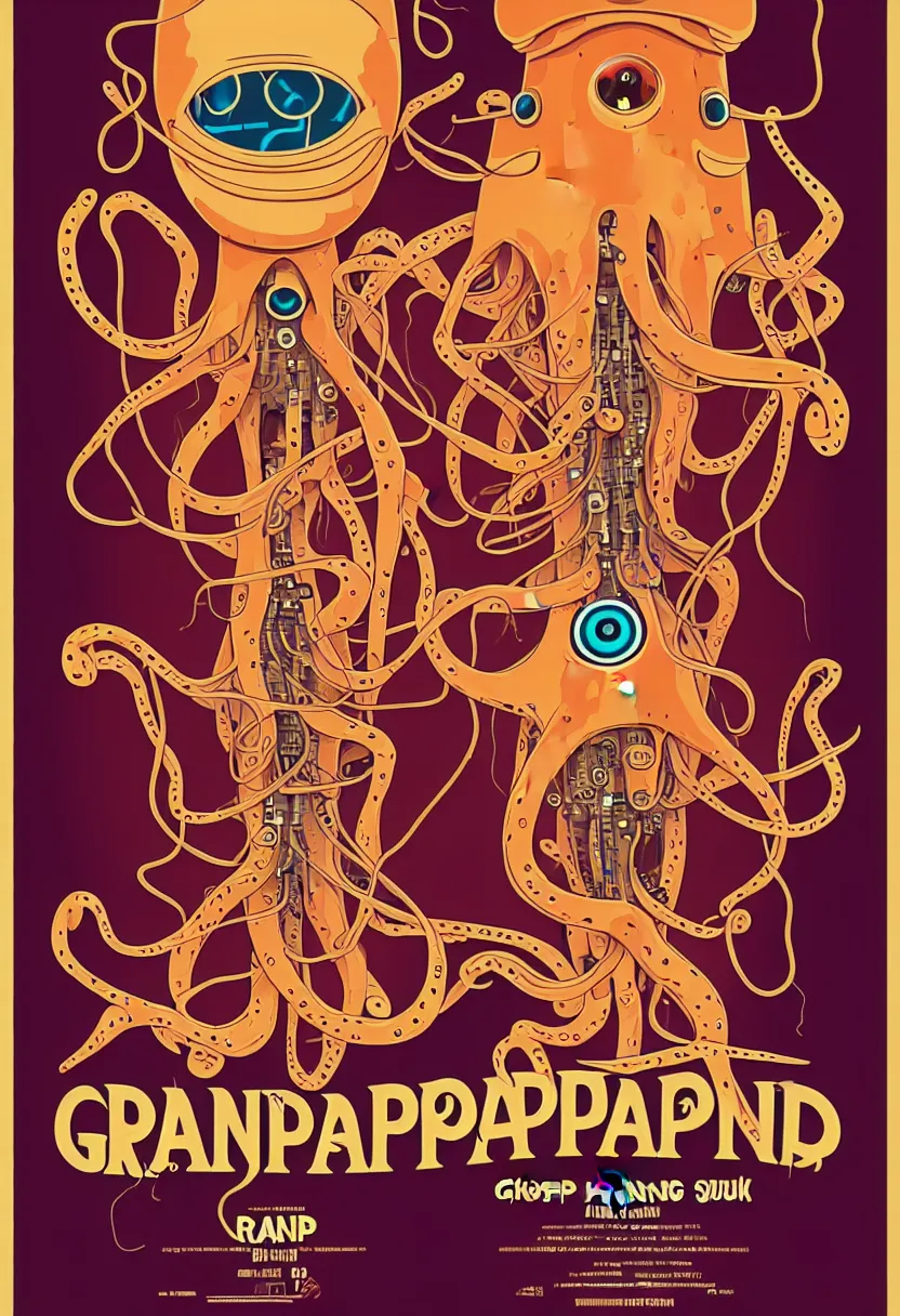 Prompt: concert poster for'grandpa finger ', dying robotic squid, symmetrical vector art, 8 k, highly detailed illustration