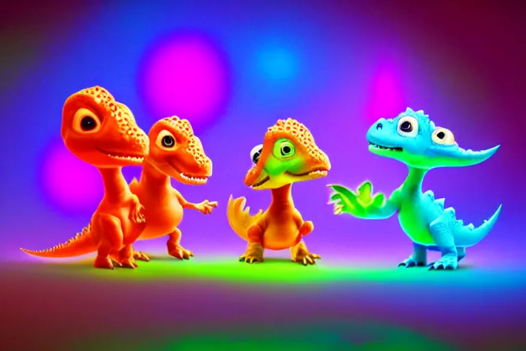 Image similar to pixar designed cute, smiling chibi style baby dinosaurs made entirely out of glowing electrified plasma, having fun inside a psychedelic realm made entirely out of love and acceptance and hypercolors. astral beings sharing love. renderman ray tracing