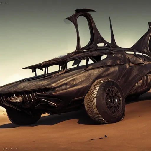 Prompt: the batmobile in mad max, au naturel, hyper detailed, digital art, trending in artstation, cinematic lighting, studio quality, smooth render, unreal engine 5 rendered, octane rendered, art style by klimt and nixeu and ian sprigger and wlop and krenz cushart