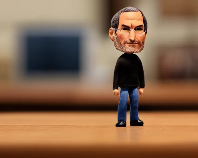 Image similar to steve jobs action figure sad bokeh on wooden table