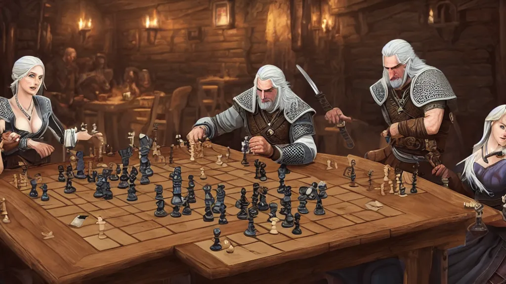 Image similar to Geralt of Rivia and Ciri playing chess in a tavern. geralt de rivia and ciri play at a table in the middle of the tavern, pixel art by Gerardo Quiroz, devian art, 4k