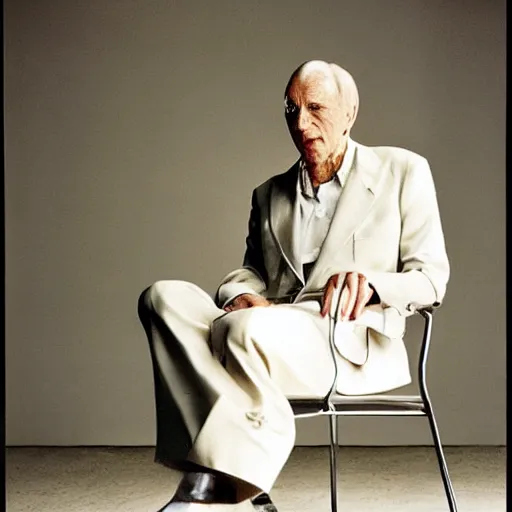 Image similar to charismatic, wise man, sitting on a chair, photo for vogue by annie liebovitz
