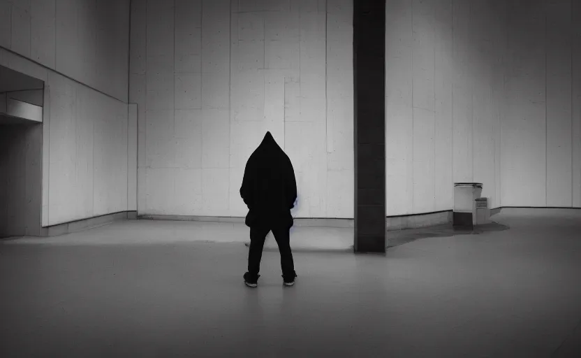 Image similar to a hooded figure, standing in a dark abandoned mall, photography