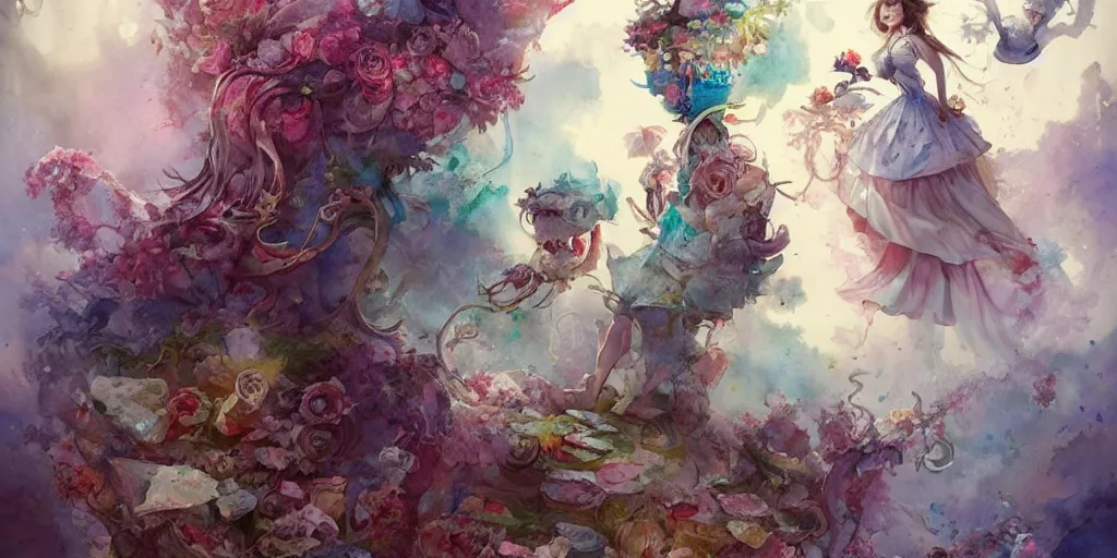 Prompt: a beautiful insanely intricate watercolor painting of alice in wonderland, reflexions, colorfull, by william turner art, by greg rutkowski, by james jean, by rossdraws, by frank franzzeta, by sakimichan, trending on artstation, insanely detailed, masterpiece,