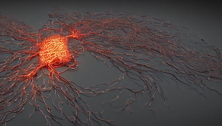 Image similar to houdini rendering of glowing synapses, photorealistic rendering, octane, redshift