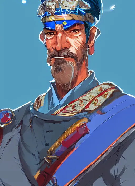 Prompt: a portrait of General Franky as a real man, wearing a traditional Japan dress, very muscular, blue hair, handsome chad chin, glowing red laser eye, intricate, highly detailed, digital painting, artstation, concept art, smooth, sharp focus, illustration, matte painting