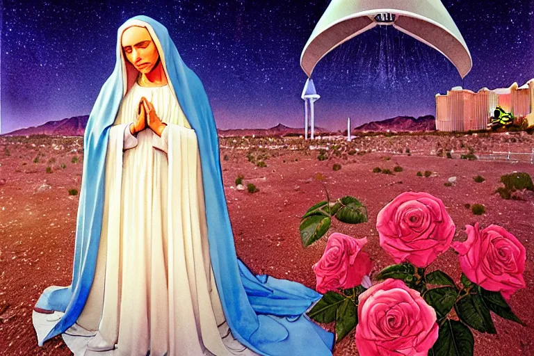 Image similar to a hyperrealist watercolour character concept art portrait of the virgin mary on well lit starry night in las vegas, nevada. a ufo is in the background. roses adorn. by michael kaluta, charles vess and jean moebius giraud