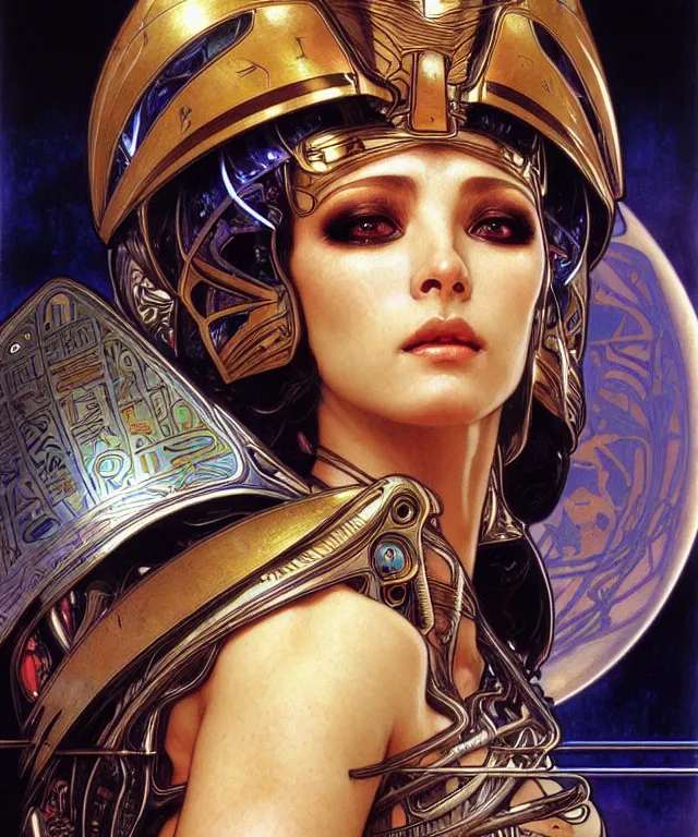 Prompt: realistic detailed face portrait of a beautiful futuristic egyptian warrior queen in alien cyberpunk armor by alphonse mucha, ayami kojima, amano, greg hildebrandt, and mark brooks, female, feminine, art nouveau, egyptian cyberpunk, stargate, neo - gothic, gothic, character concept design