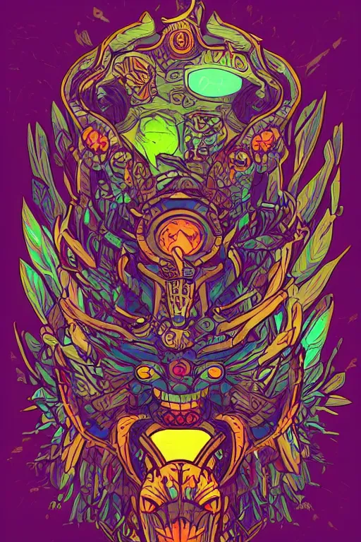 Image similar to totem animal mask tribal feather gemstone plant wood rock shaman vodoo video game vector illustration vivid multicolor borderlands comics by josan gonzales and dan mumford radiating a glowing aura