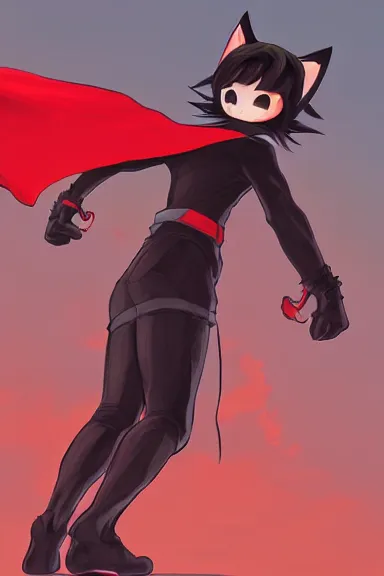 Prompt: little boy with cat ears in an black outfit with red cape. digital artwork made by lois van baarle and kentaro miura and marc simonetti, sharpness focus, inspired by hirohiko araki, anatomically correct, heroic composition, hero pose, smooth. red and black