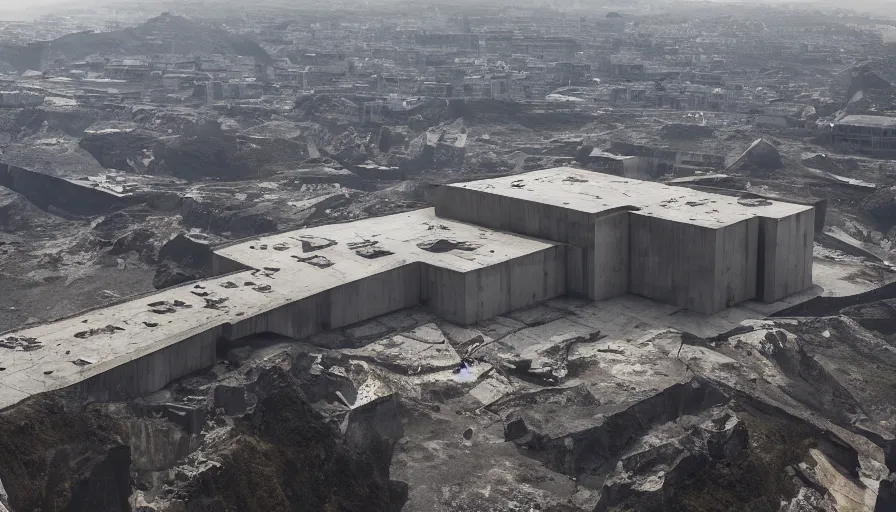 Image similar to big brutalist imperial military base on cliffs, drawing architecture, very long shot, top angle, imperial architecture in rogue one, pritzker architecture prize, brutalism architecture, jan urschel, greig fraser