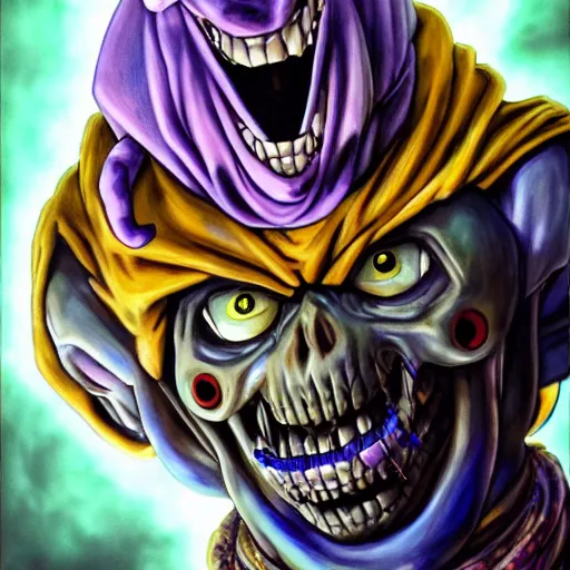 Prompt: ultra realistic portrait painting of skeletor as a jester, art by akira toriyama, 4 k, dragon ball artstyle, cel shaded, highly detailed, epic lighting