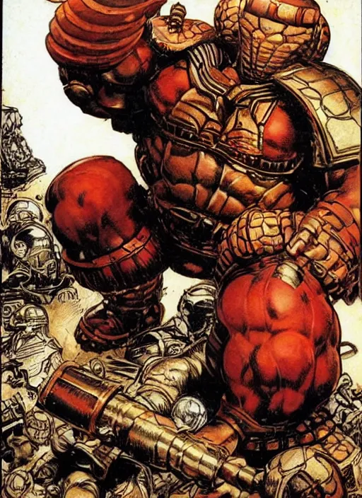 Prompt: huge morgan aste as marvel's juggernaut wearing metal helmet, dynamic, by jack kirby and greg staples and norman rockwell and tom lovell