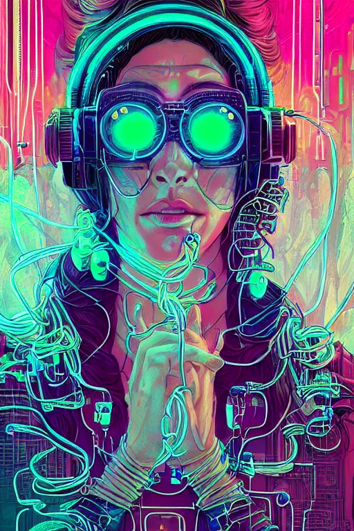 Image similar to stunning highly detailed portrait of a neuromancer Women with long hair with cyber headgear surrounded by wires, neon colors, oil on canvas, strong lighting, by Josan Gonzalez, HD, 4K