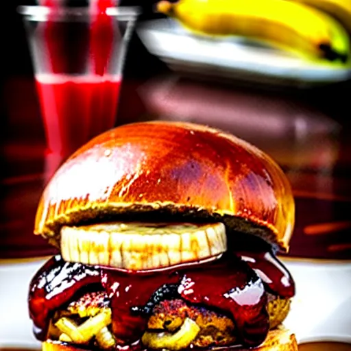 Image similar to The ultimate Banana-Burger with extra jam on a hand-carved cherrywood-plate, with a side of onion rings. Perfect photography.