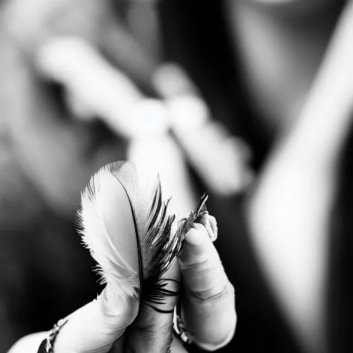 Image similar to black and white photo of a lady blowing feathers from the palm of her hand, low depth of field