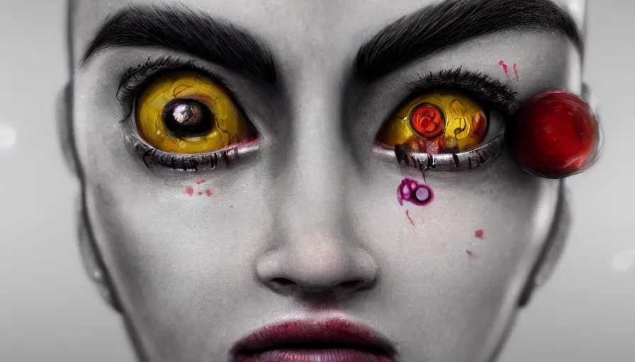 Image similar to hybrid of a [ diamond eyeballs ] and [ sad clown ], rule of thirds, beautiful detailed face, ultra realistic, concept art, intricate details, serious, highly detailed, photorealistic, octane render, 8 k, unreal engine, detailed oil painting, trending on artstation.