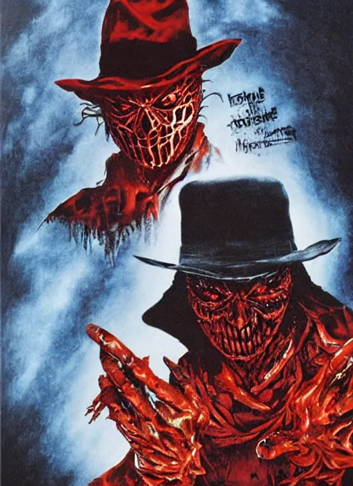 Image similar to a nightmare on elm street movie poster art by yumihiko amano