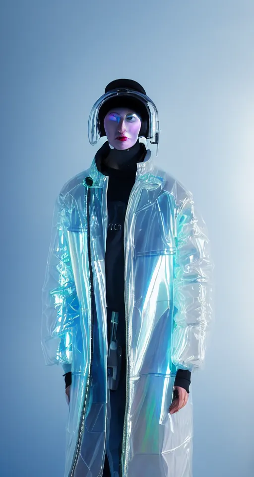 Prompt: an ultra high definition professional studio quality photograph of an artificially intelligent cyberpunk art influencer wearing a transparent iridescent pastel coloured face visor and matching bubbly puffy raincoat on white coat hook in a sheer icelandic black rock environment. three point light. dramatic lighting. volumetric shadows. light rays