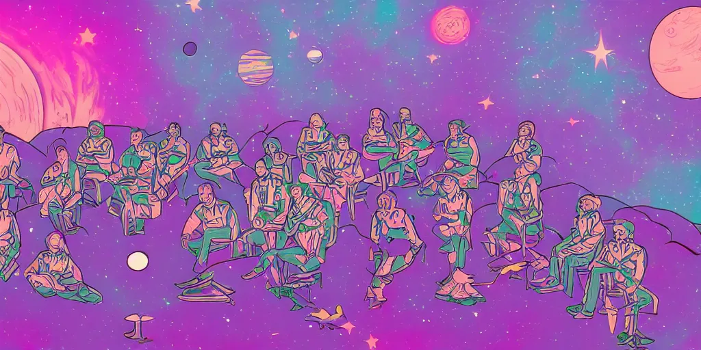 Image similar to twelve astronauts sitting by the river with a big holiday cake + psychedelic vegetation + purple, pink, blue + planets and stars + mystical fog, vintage sci - fi style of the 5 0 s, rule of the third!!!!, line graphics, 8 k, super detail, high quality