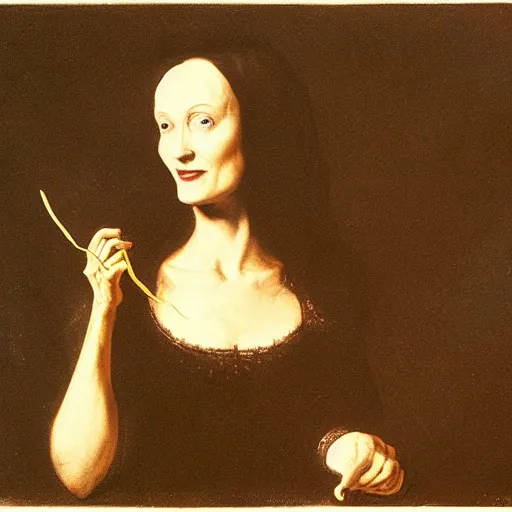 Prompt: morticia addams eating a spider, rembrandt,
